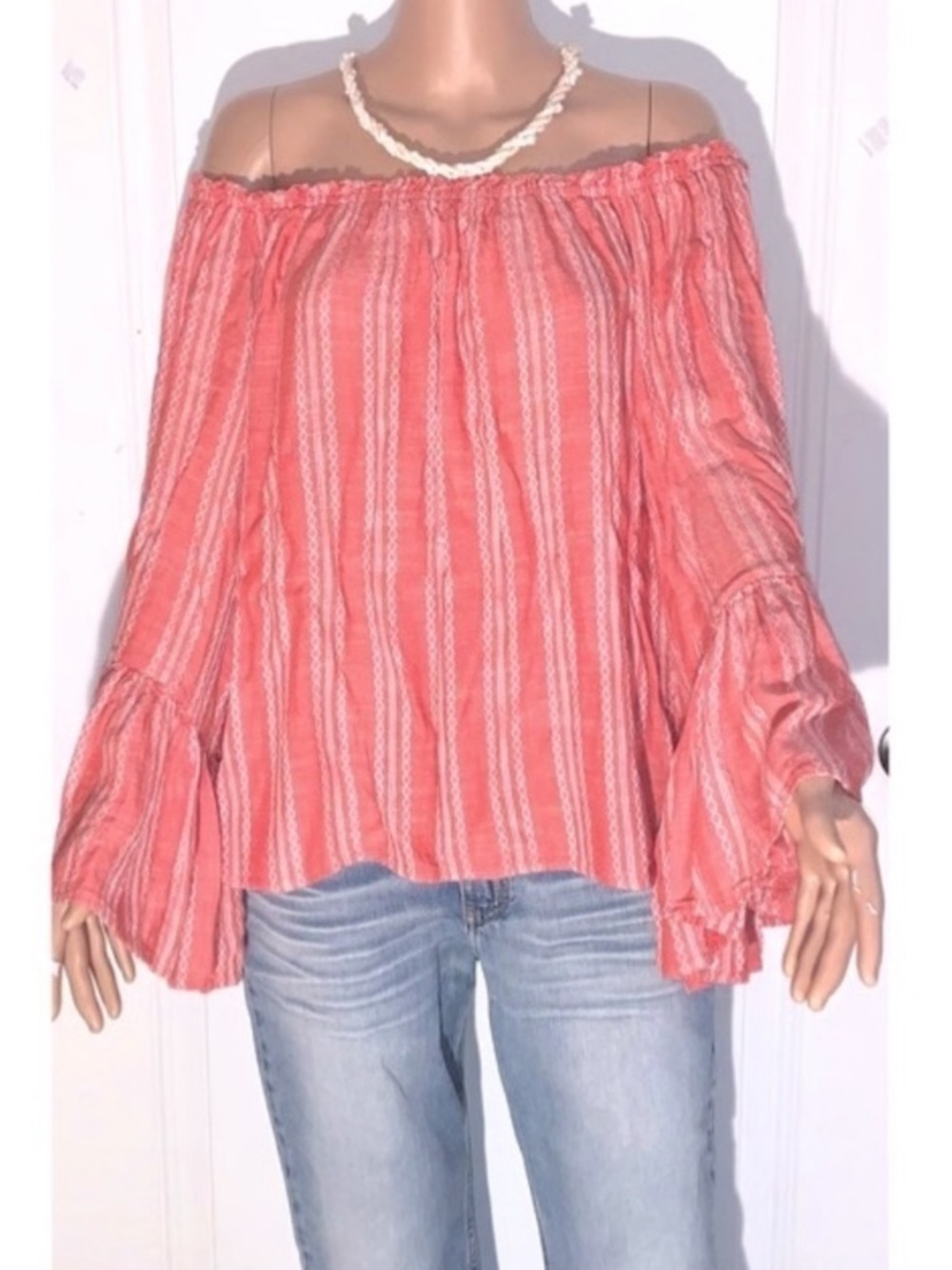 Elan Coral Off-the-Shoulder Stripe Blouse Large